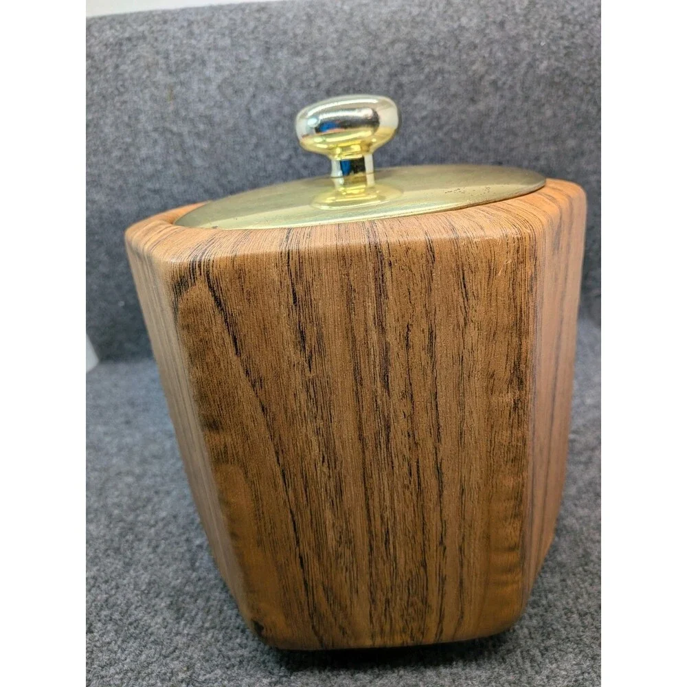 Kraftware Vintage Ice Bucket Faux Woodgrain Gold Tone Lid Mid Century Barware